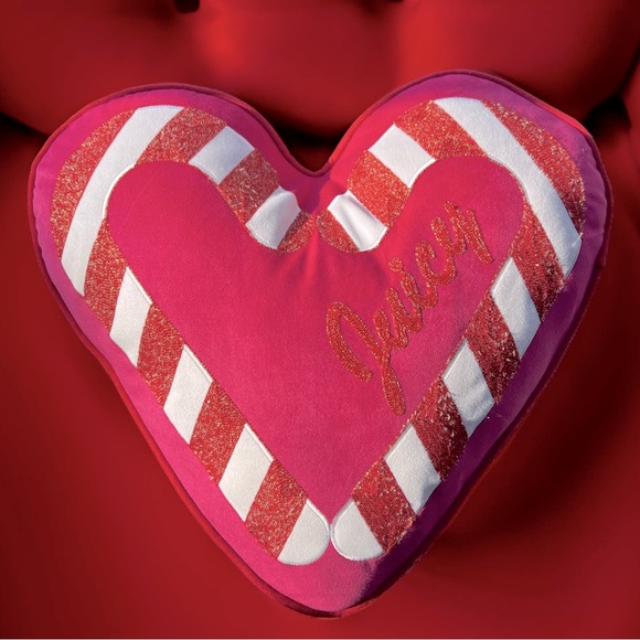 Juicy Couture Los Angeles NWT Stunning Plush Pink Candy Cane Juicy Heart Pillow - Picture 2 of 8